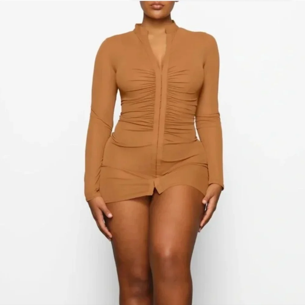 2. NWT SKIMS MESH COVER UP LONG SLEEVE RUCHED DRESS IN ALMOND